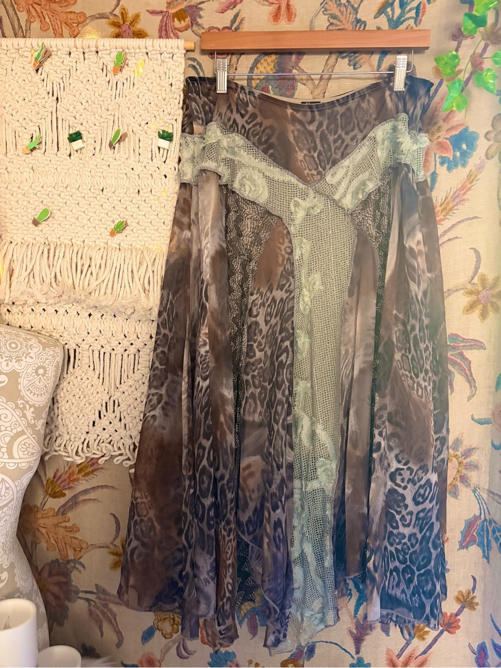 SHAN Brown and Sage Sheer Animal-Print Skirt
